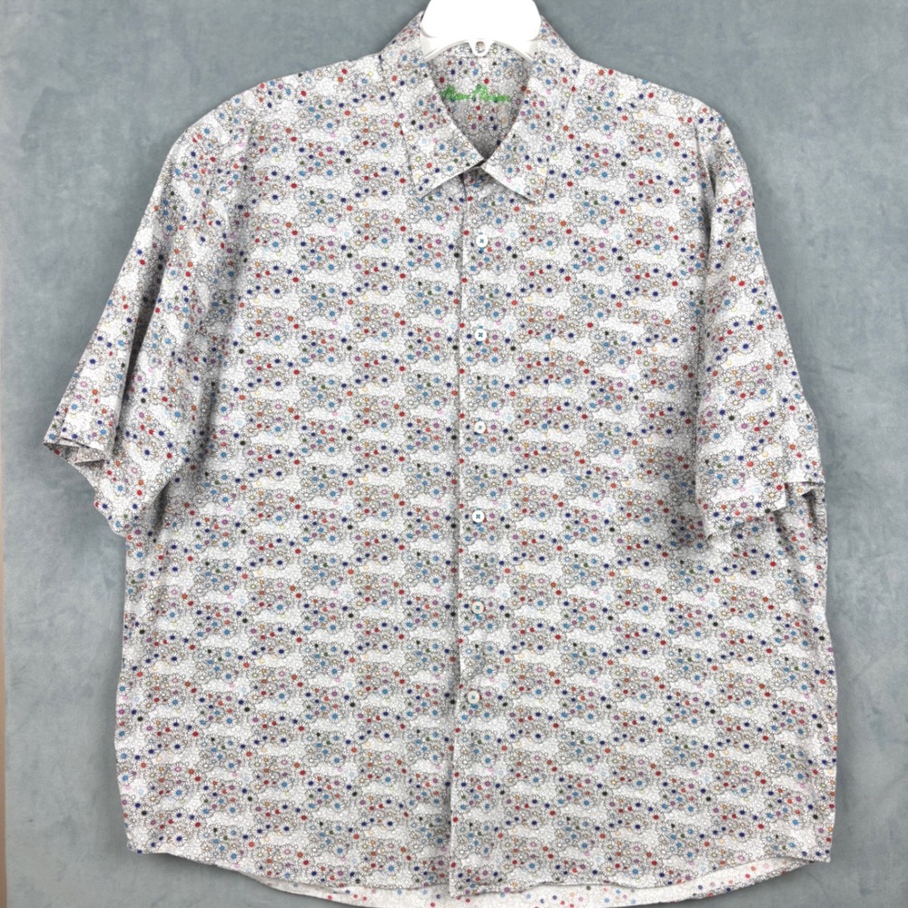 Alan Flusser Mens XXL Floral Daisy Print Cotton Short Sleeve Button Up Shirt